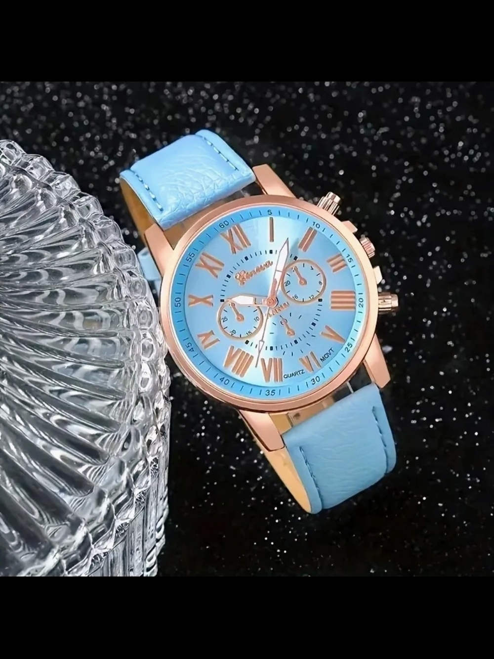 NWOT Sky Blue Women's Leather Strap Watch with Rose Gold Case